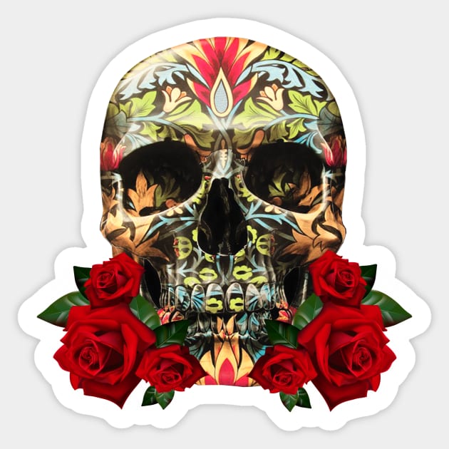 Colorful Day Of The Dead Sugar Skull Red Roses Sticker by Atteestude